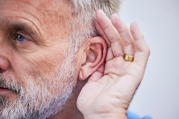 Image showing Senior man, listening and hand on ear or curious guy with gesture to hear gossip, conversation or announcement. Hearing, loss and old person with a disability or deaf male with hands to listen