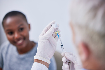 Image showing Bottle, needle and hands of doctor with patient for safety, healthcare and pharmaceutical medicine. Closeup, virus injection and prepare vaccination with vial for medical immunity of woman in clinic