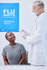 Image showing Flu vaccine, injection and black woman with doctor in clinic for virus protection, vaccination and shot. Healthcare, poster and health worker with patient for medicine, treatment and antibiotics