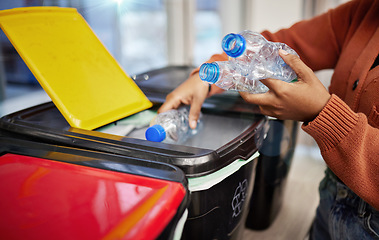 Image showing Plastic, recycle and hands of person with bottle in bin for eco friendly, reuse and renewable material. Sustainability, environment and woman with recycling box to reduce waste, litter and garbage