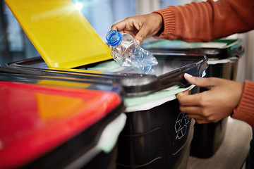 Image showing Plastic, recycle and woman with bottle in box in living room for eco friendly, reusable and cleaning. Sustainability, pollution and hands of person with container to reduce waste, litter and garbage