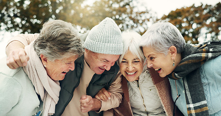 Image showing Excited, singing and senior people in nature for camping, happiness and bonding together. Smile, dance and face portrait of elderly friends, man and women having fun with a celebration in a park