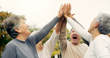 Image showing High five, support and a group of senior friends together in a park for motivation, success or celebration. Team building, partnership and community with elderly people bonding outdoor in a garden