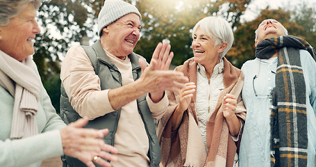 Image showing Excited, singing and senior people in nature for camping, happiness and bonding together. Smile, dance and face portrait of elderly friends, man and women having fun with a celebration in a park