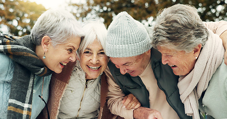 Image showing Excited, singing and senior people in nature for camping, happiness and bonding together. Smile, dance and face portrait of elderly friends, man and women having fun with a celebration in a park