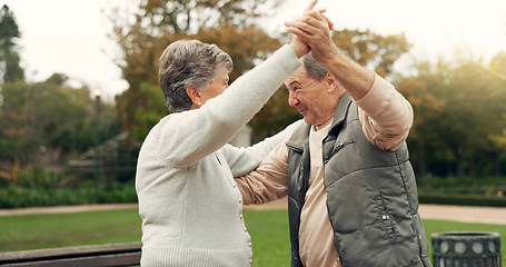 Image showing Love, dance and retirement with old couple in park for marriage, support and romance. Relax, happiness and music with senior man and woman dancing in nature for happy, holding hands or date together