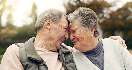 Image showing Forehead, touch and senior couple in a park with love, happy and conversation with romantic bonding. Fun, old people and elderly man embrace woman with care, romance or soulmate connection outdoor