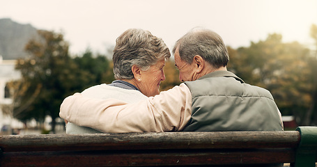 Image showing Forehead, touch and senior couple in a park with love, happy and conversation with romantic bonding. Fun, old people and elderly man embrace woman with care, romance or soulmate connection outdoor