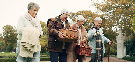 Image showing Walking, picnic and senior friends in the park together for bonding or conversation during retirement. Smile, basket and a group of happy elderly people in a garden for freedom, fresh air to relax