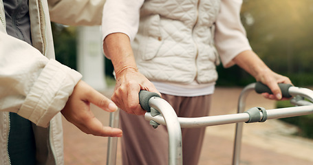 Image showing Hands, support and senior person with a walker for injury rehabilitation, walking help and physiotherapy. Healthcare, patient with a disability and gear for nursing in retirement with a caregiver