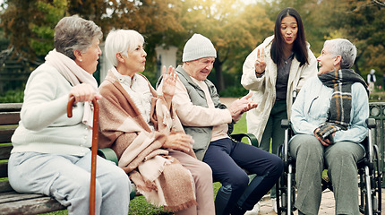 Image showing Friends, happy and senior people in park for bonding, conversation and quality time together outdoors. Friendship, retirement and elderly man and women with caregiver on bench for relaxing in nature