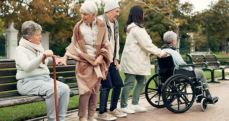 Image showing Friends, retirement and senior people in park for bonding, conversation and quality time together outdoors. Friendship, happy and elderly man and women with caregiver on bench for relaxing in nature