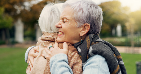 Image showing Love, connection and elderly women hugging for affection, romance and bonding on an outdoor date. Nature, commitment and senior female couple in retirement with intimate moment in a garden or park.