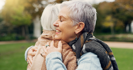 Image showing Love, connection and elderly women hugging for affection, romance and bonding on an outdoor date. Nature, commitment and senior female couple in retirement with intimate moment in a garden or park.