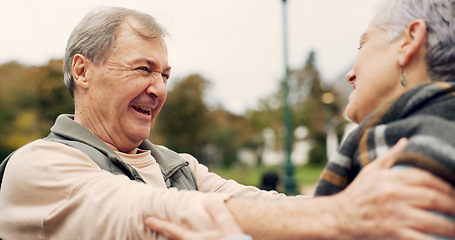 Image showing Love, dance and happy with old couple in park for marriage, support and romance. Relax, happiness and music with senior man and woman dancing in nature for recruitment, holding hands or date together