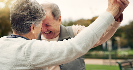 Image showing Love, dance and happy with old couple in park for marriage, support and romance. Relax, happiness and music with senior man and woman dancing in nature for recruitment, holding hands or date together