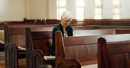 Image showing Church, bible or senior Christian woman ready to worship God, holy spirit or religion in cathedral alone. Faith, mature spiritual lady or elderly person in chapel praying to praise Jesus Christ