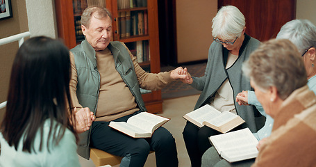 Image showing Praying, worship and holding hands with people in bible study for support, Christian and spiritual. Community, faith and religion with prayer group in church for connection, hope and meeting together