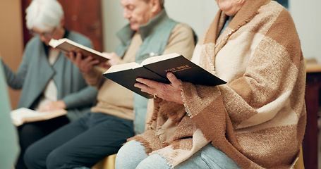 Image showing Praying, worship and hands of people in bible study for support, Christian and spiritual. Community, faith and religion with closeup of prayer group in church for connection, hope or meeting together