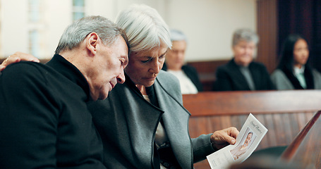 Image showing Couple, funeral or sad old man crying in church for God, healing or comfort in Christian community. Elderly woman, depressed or support for an upset mature person in chapel for grief, loss or death