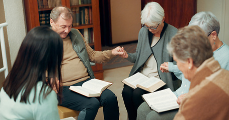 Image showing Praying, worship and holding hands with people in bible study for support, Christian and spiritual. Community, faith and religion with prayer group in church for connection, hope and meeting together