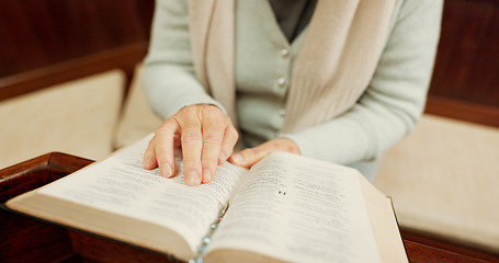 Image showing Studying, bible or hands of woman in church ready to worship God, holy spirit or religion in Christian cathedral. Faith closeup, learning or lady reading book in chapel praying to praise Jesus Christ