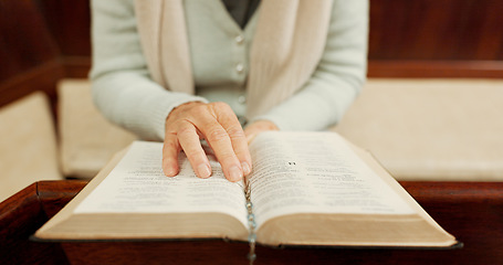 Image showing Studying, bible or hands of woman in church ready to worship God, holy spirit or religion in Christian cathedral. Faith closeup, learning or lady reading book in chapel praying to praise Jesus Christ