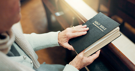 Image showing Reading, bible or hands of woman in church ready to worship God, holy spirit or religion in Christian cathedral. Faith, spiritual lady or person reading book in chapel praying to praise Jesus Christ