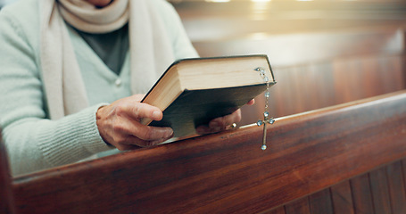 Image showing Rosary, bible or hands of woman in church for God, holy spirit or religion with faith in Christian cathedral. Jewelry closeup, spiritual lady or person in chapel praying to praise Jesus Christ alone