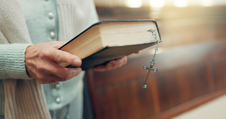 Image showing Walking, bible or hands of woman in church ready to worship God, holy spirit or religion in Christian cathedral. Faith, spiritual lady or person in chapel praying to praise Jesus Christ with rosary