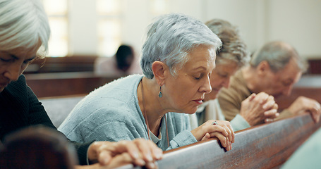 Image showing Elderly, prayer or old woman in church for God, holy spirit or religion in cathedral or Christian community. Faith, spiritual lady or senior person in chapel or sanctuary to praise Jesus Christ