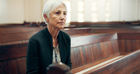 Image showing Church, bible or senior Christian woman ready to worship God, holy spirit or religion in cathedral alone. Faith, mature spiritual lady or elderly person in chapel praying to praise Jesus Christ