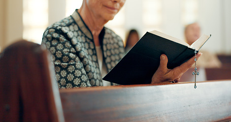 Image showing Hands, reading book or woman in church for God, holy spirit or religion in Christian community cathedral. Faith worship, bible or closeup of person praying or studying gospel to praise Jesus Christ