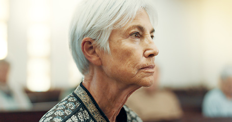 Image showing Senior, prayer or old woman in church for God, holy spirit or religion in cathedral or Christian community. Faith, spiritual or face of elderly person in chapel or sanctuary to praise Jesus Christ