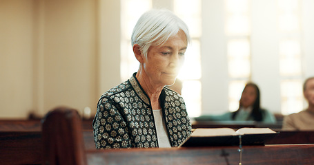 Image showing Worship, reading book or old woman in church for God, holy spirit or religion in cathedral or Christian community. Faith, bible or elderly person praying in chapel studying to praise Jesus Christ