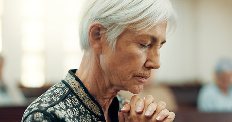 Image showing Senior, prayer or old woman in church for God, holy spirit or religion in cathedral or Christian community. Faith, spiritual or face of elderly person in chapel or sanctuary to praise Jesus Christ