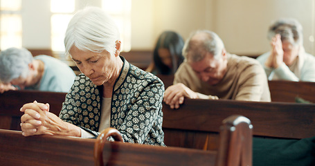 Image showing Faith, prayer or old woman in church for God, holy spirit or religion in cathedral or Christian community. Worship, spiritual lady or elderly person in chapel or sanctuary to praise Jesus Christ