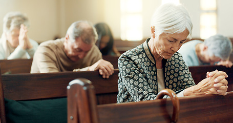 Image showing Gospel, prayer or old woman in church for God, holy spirit or catholic religion in cathedral or Christian community. Faith worship, bow or elderly person in chapel or sanctuary to praise Jesus Christ