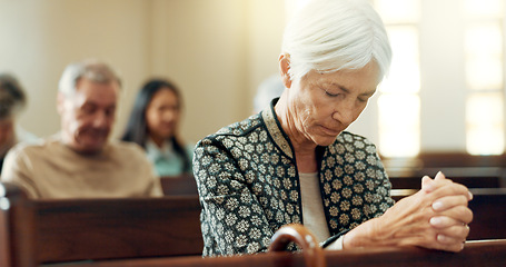 Image showing Worship, prayer or old woman in church for God, holy spirit or religion in cathedral or Christian community. Faith, spiritual or elderly person in chapel or sanctuary to praise Jesus Christ