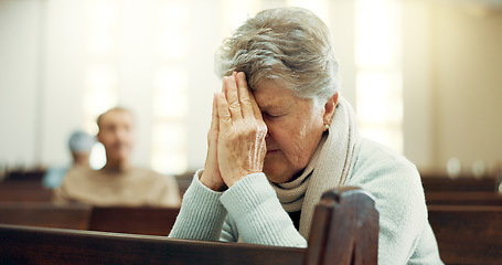 Image showing Worship, praying or old woman in church for God, holy spirit or religion in cathedral or Christian community. Faith, spiritual or elderly person in chapel sanctuary to praise Jesus Christ with hope