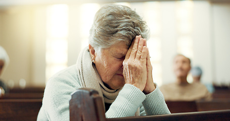 Image showing Worship, praying or old woman in church for God, holy spirit or religion in cathedral or Christian community. Faith, spiritual or elderly person in chapel sanctuary to praise Jesus Christ with hope