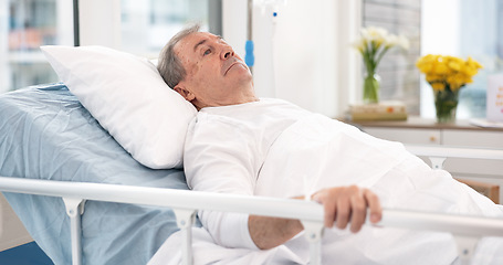 Image showing Man, cancer and patient in hospital bed thinking about healthcare, wellness and healing in clinic after surgery. Medical treatment, sick and person with health problem in hospice for recovery in icu