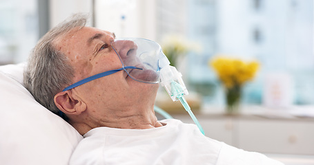 Image showing Oxygen mask, hospital and senior man with ventilation and healthcare support in a clinic. Elderly patient, medical care and emergency room with male person at a doctor for wellness and health