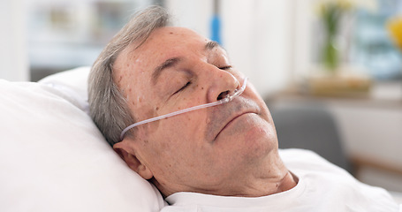 Image showing Oxygen, hospital bed and senior man sleeping with ventilation and breathing tube support in a clinic. Elderly patient, medical care and emergency room with male person at a doctor for healthcare