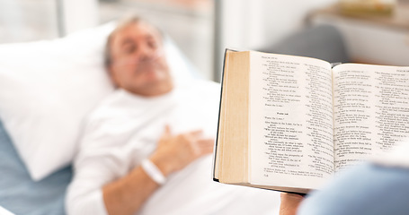 Image showing Medical, a woman reading the bible to her husband during a visit and a couple in the hospital. Healthcare, retirement or religion with a wife and senior man patient at a clinic for faith in god