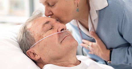 Image showing Drip, hospital bed and senior man sleeping with ventilation and breathing tube in a clinic. Elderly patient, medical care and wife support with male person at a doctor for wellness and healthcare