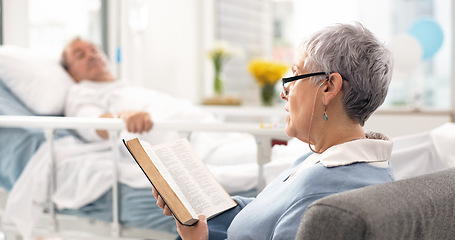 Image showing Healthcare, an old woman reading the bible to her husband during a visit and a couple in the hospital. Medical, retirement or religion with a senior wife and man patient at a clinic for faith in god