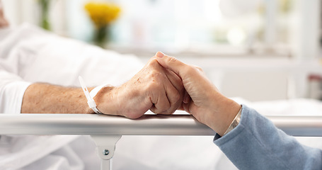 Image showing Hospital bed, support and senior couple holding hands, trust or comfort sick partner with healthcare problem. Bedroom, marriage love or elderly people care for mental health patient with medical risk