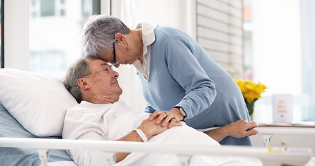 Image showing Hospital, love or elderly couple, sick patient and affection for empathy, marriage bond and support for senior person. Retirement healthcare, forehead and man with medical problem, cancer or disease