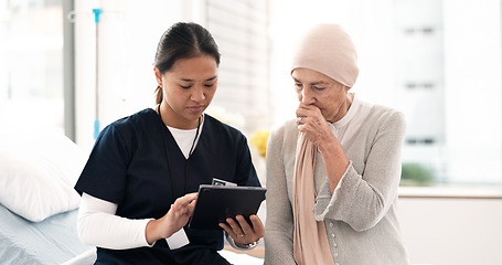 Image showing Tablet, nurse and woman with cancer patient, elderly and hospital consultation for wellness. Tech, happy and medical professional with sick senior person coughing for advice, healthcare or support